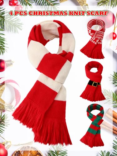 Liitrsh 4 Pcs Unisex Christmas Scarf Christmas Theme Scarves Winter Knitted Scarf Wrap Winter Warm Long Scarf with Tassels, 71inch2
