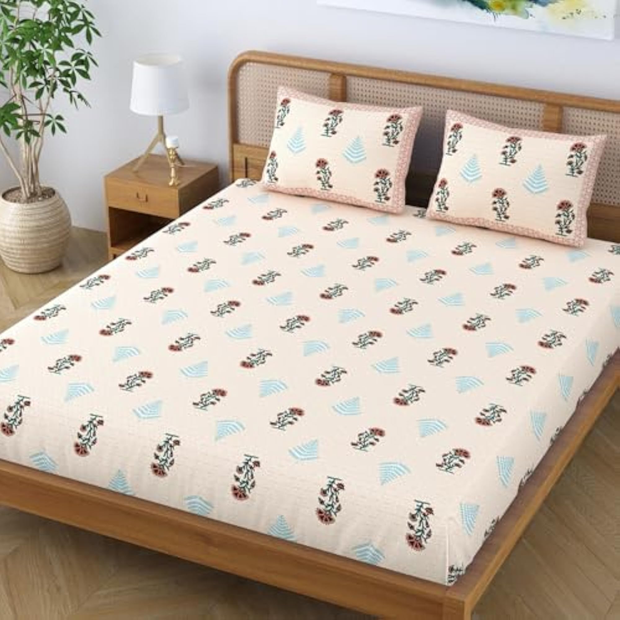Ethnic Cotton Blend King Size Double Bedsheet with 2 Pillow Covers