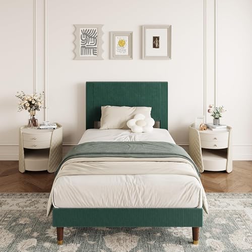Image of Upholstered Platform Bed Frame with Corduroy Headboard, Sturdy Metal Frame & Wooden Slats, 800lbs Weight Capacity, Noise-Free, No Box Spring Needed, Easy Assembly, Under-Bed Storage, Twin Dark Green
