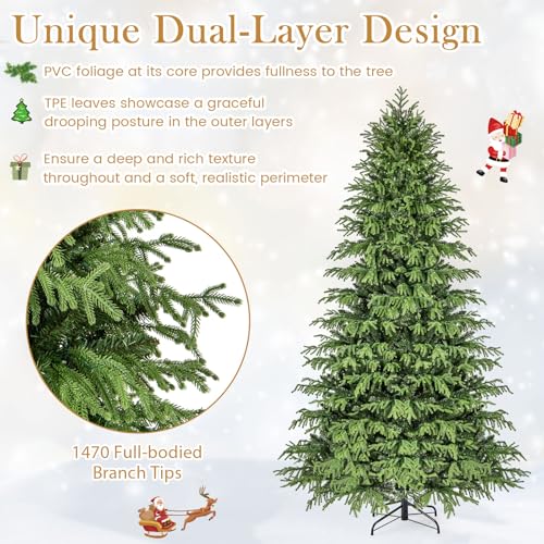 Image of Goplus 8 FT Pre-Lit Artificial Christmas Tree, Hinged Full Xmas Tree with 1470 PVC & Soft TPE Branch Tips, 470 Warm White LED Lights, Foldable Metal Stand, Home Office Holiday Decoration