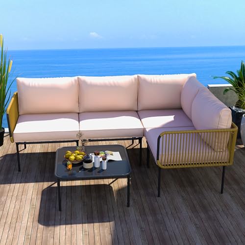 Patio Furniture Set, 5 Pieces Wicker Rattan Outdoor Conversation Sectional L-Shaped Sofa with 5 Seater for Backyard, Balcony and Deck with Soft Cushions and Metal Table (Off-White)