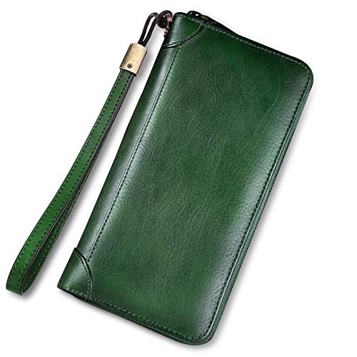 Genuine Leather Wallet for Women Dual Use Zip Long Purse Vintage Handmade Clutch Cowhide Card Holder Organizer (DarkGreen)