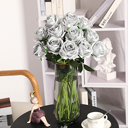 Justoyou 10 Pcs Artificial Roses Flowers, Realistic Blossom Roses, Real Touch Silk Rose, Single Fake Flower Long Stem Bouquets For Home Wedding Party Decoration (10Pcs, Silver) #TOP3