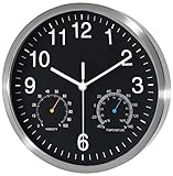 Fzy.bstim Non Ticking Silent Wall Clock Battery Operated,Stainless Steel Wall Clock with Thermometer and Hygrometer, Office/Living Room/Bathroom/Kitchen Clock,10 inch