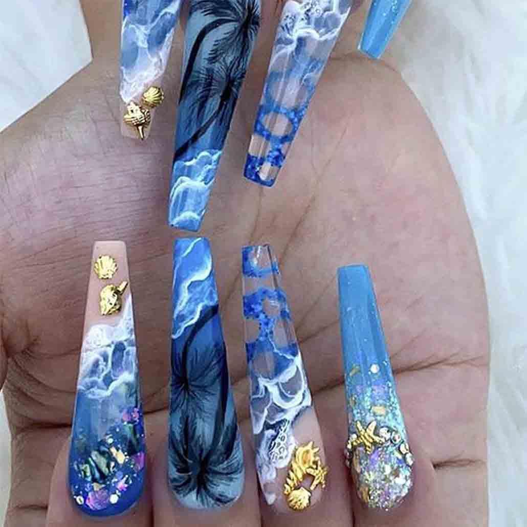 Foccna Blue Press on Nails Artificail Extra Long, Summer