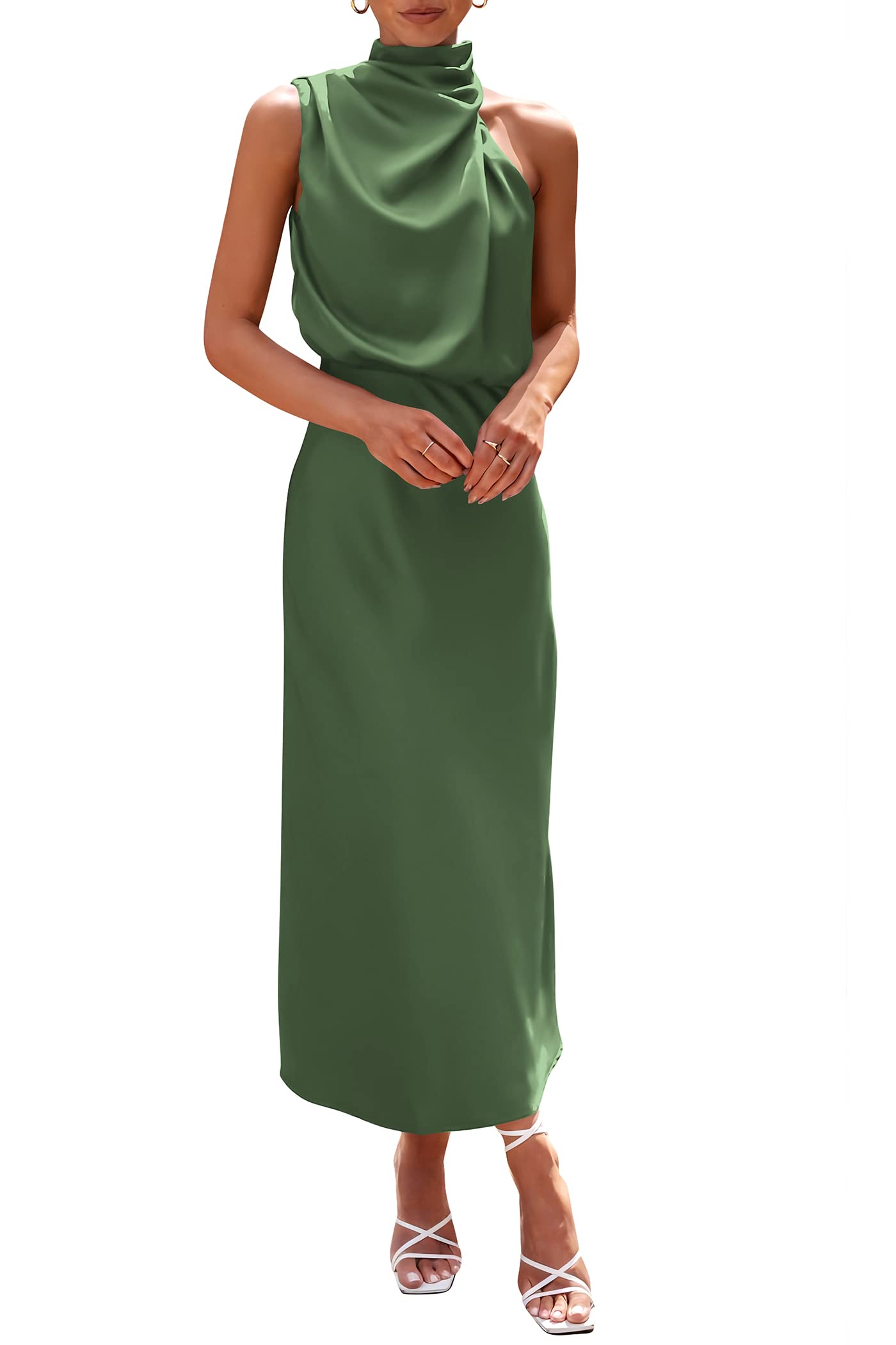PRETTYGARDEN Women's 2023 Summer Satin Dress Elegant Sleeveless Mock Neck Cocktail Party Maxi Dresses (Army Green,Small)
