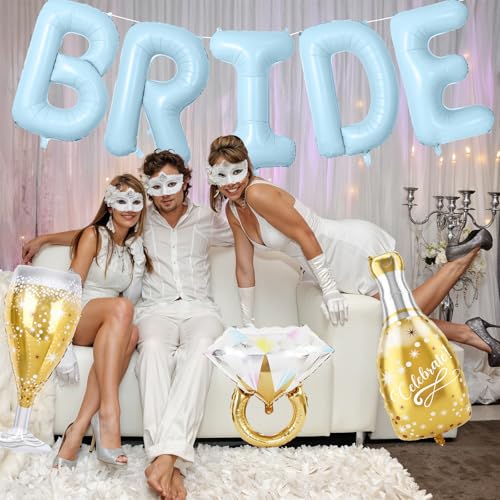 Image of 40inch Bride Balloons Baby Blue Letters Banner, Bachelorette Party Decorations Set with Diamond Ring Champagne Bottle Balloon Glass Foil Balloon for Bachelorette Engagement Wedding Bridal Shower Decor