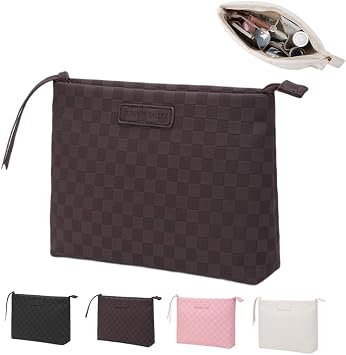 Makeup Bag Large Capacity Makeup Pouch Travel Cosmetic Bag for Women Cosmetics Skincare Care Organizer with Compartments Brown Checkered