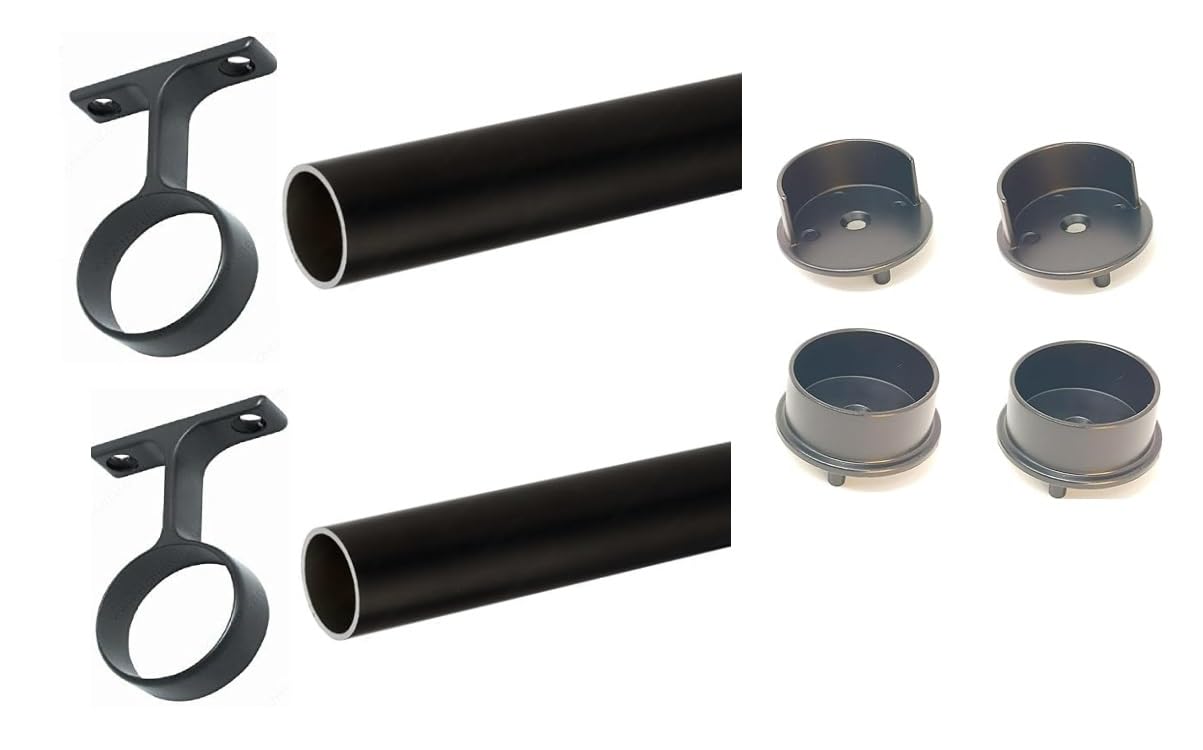 2-Case Pack 96-inches Long Round Wardrobe Closet Rods with End Caps and Center Supports (Matte Black)