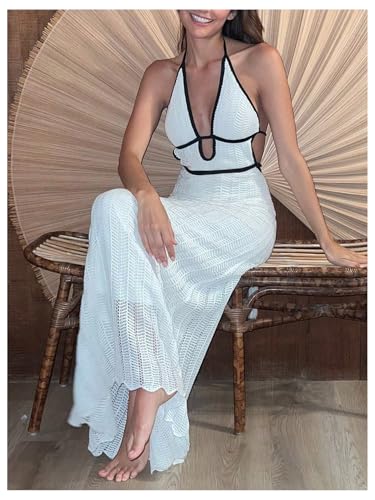 GORGLITTER Women's Deep V Halter Crochet Maxi Dress Backless Knit Bodycon Birthday Wedding Guest Long Dresses4