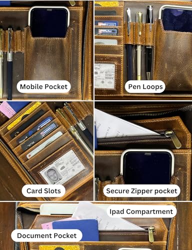 Image of Rustic Town Business Durable Leather Padfolio Easy to Carry Many Slots, Compartments and Holders Professional Organizer with A Zippered Closure for Men and Women