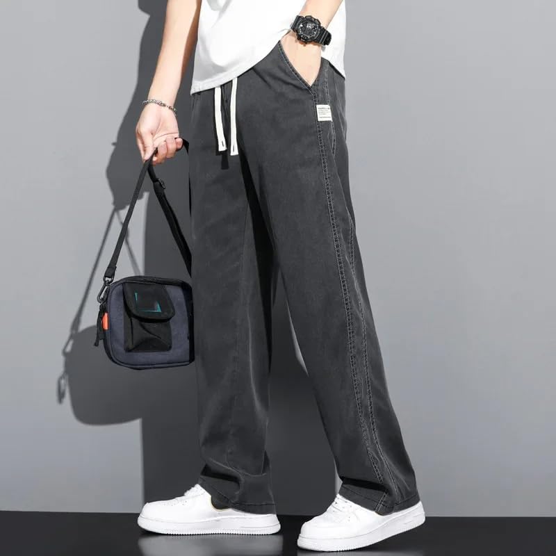 Men's Jeans Spring Summer Baggy Straight Pants Drawstring Elastic Waist Korea Casual Trousers4