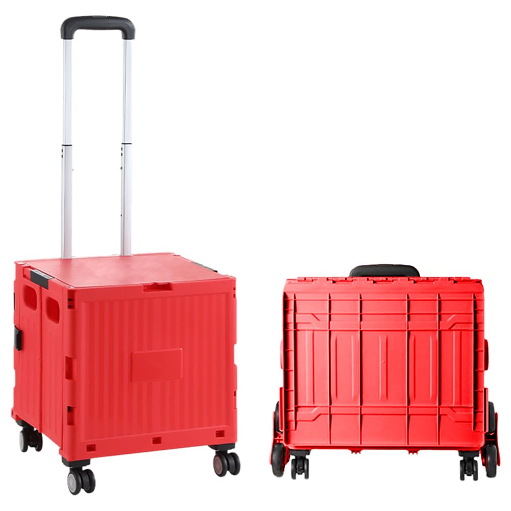 Collapsible Rolling Carts with Lid Portable Rolling Crate Handcart Shopping Trolley with Telescopic Handle 4 Wheels