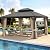 LUE BONA 12x14 Hardtop Permanent Pavilion, Galvanized Steel Double Roof Metal with Wood-Like Aluminum Frame, Outdoor Canopy with Nettings and Curtains for Deck, Patio, Backyard