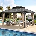 LUE BONA 12x14 Hardtop Permanent Pavilion, Galvanized Steel Double Roof Metal with Wood-Like Aluminum Frame, Outdoor Canopy with Nettings and Curtains for Deck, Patio, Backyard