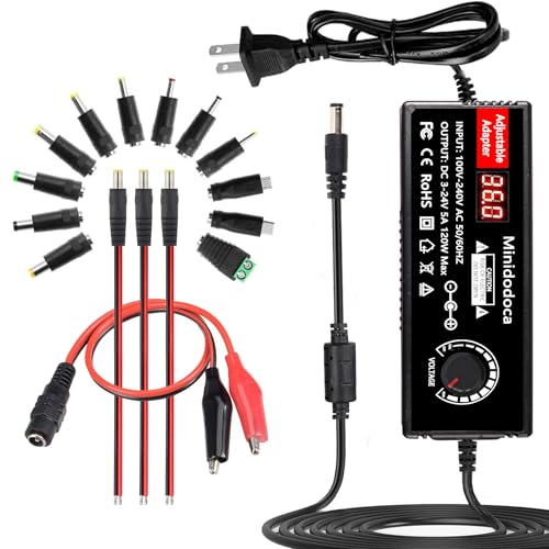 Image of 120W Power Supply Adjustable DC 3V ~ 24V Variable Universal Switching AC /DC Adapter Minidodoca AC to DC Converter with LED Voltage Display and 16 Tips, for 3V to 24V Household Electronics - 5000mA Max