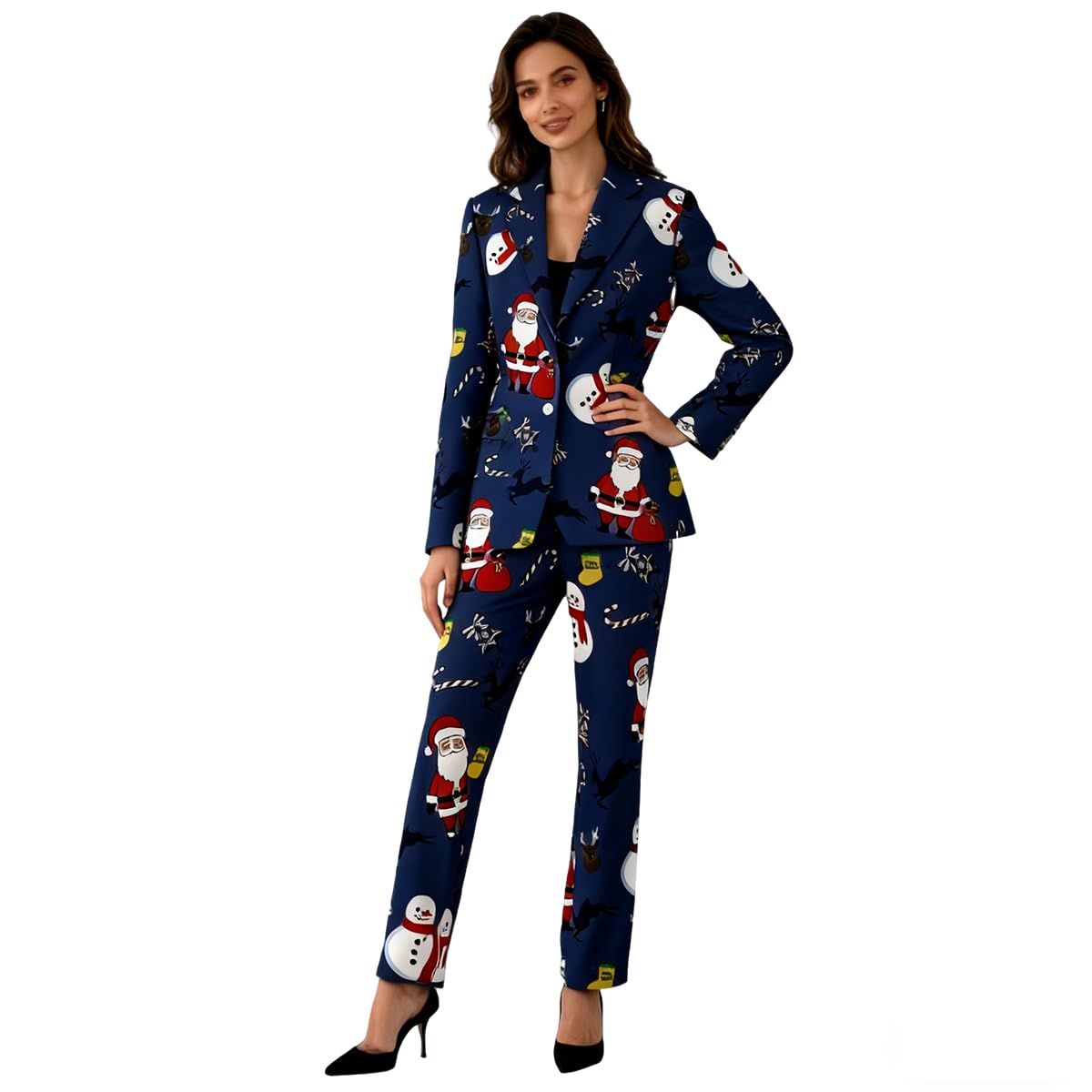 Christmas Theme Party Suits for Women 2 Piece Xmas Pajama Womens Santa Pant Suit Casual Work Blazer Suit