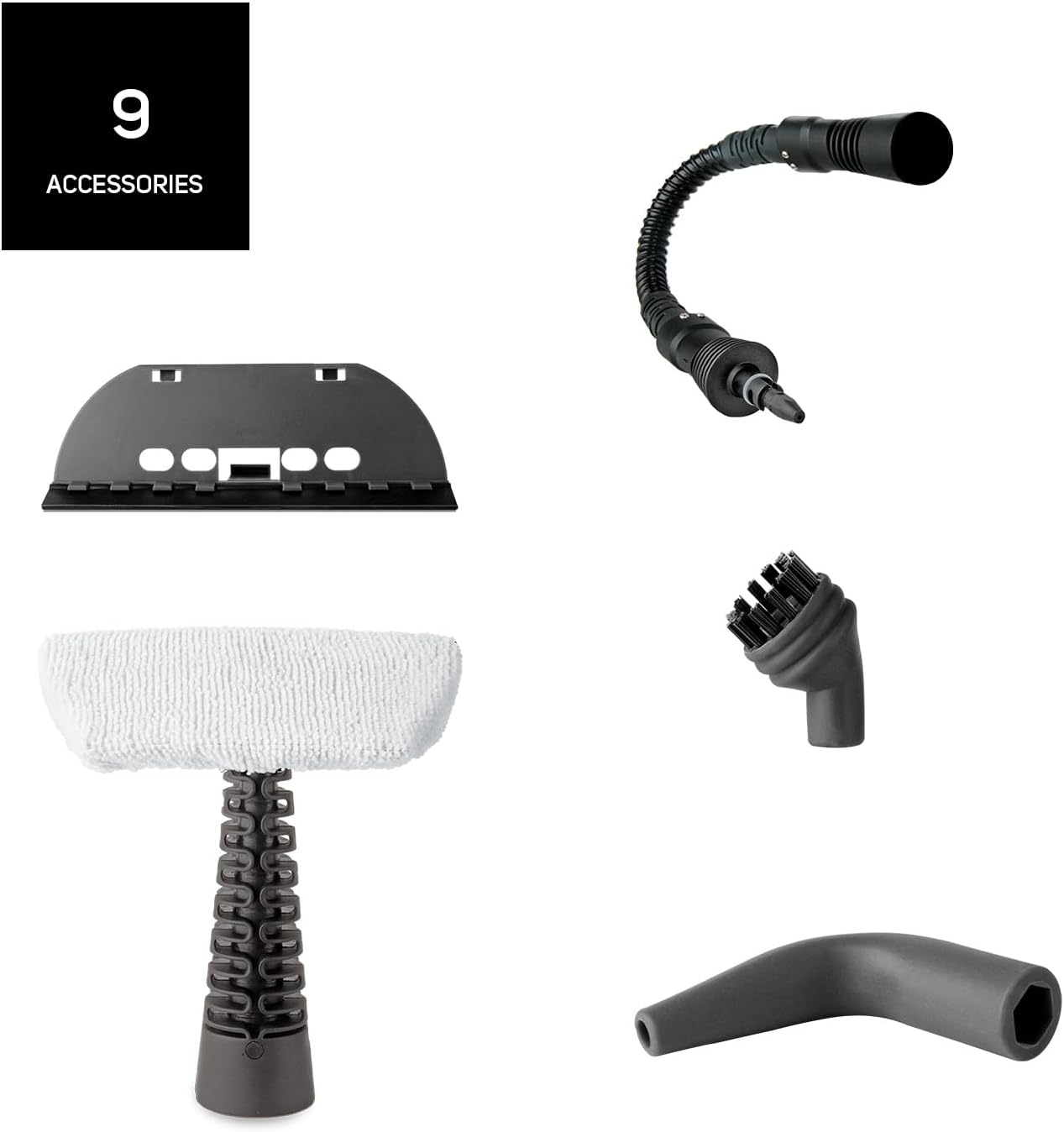 Close-up of the 9 accessories included with the Taurus Rapidissimo Clean Pro steam cleaner