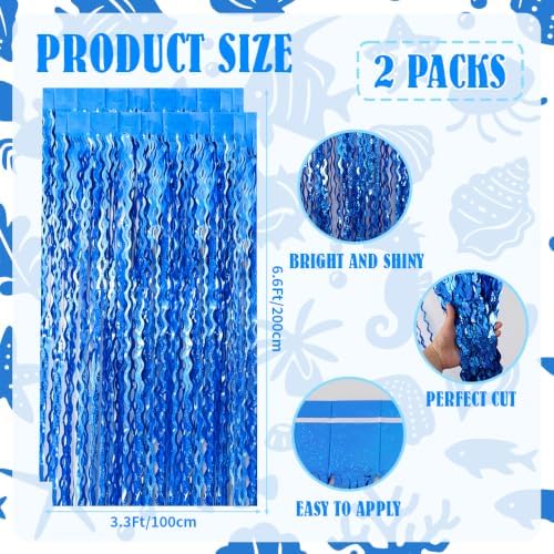 TONIFUL 2Pcs Wavy Deep Blue Metallic Foil Fringe Curtain Laser Streamers - 1