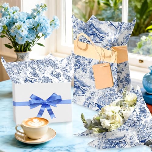 JeVenis 30 Blatt Blaues französisches Seidenpapier Geschenkpapier Vintage Blumen Verpackung Gemustert für Babyparty Hochzeit Geburtstag Brautparty Partydekoration