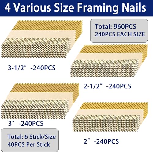 HW HAMWOO 34°Framing Nails,Ring Shank,2",2-1/2",3",3-1/2":960Pcs by HW HAMWOO - Used condition - Image 5