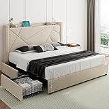 ipormis queen storage bed frame with type c usb ports and 4 drawers minimalist geometric wingback headboard rivet design no box spring needed beige