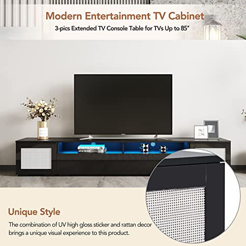 3-Pieces Modern Extended Tv Console Table For Tvs Up To 85 Inch Tv With Color Changing Led Lights For Home Theatre, 85 Inch Tv Stand, Rattan Style Entertainment Center With Push To Open Doors, Black #TOP1
