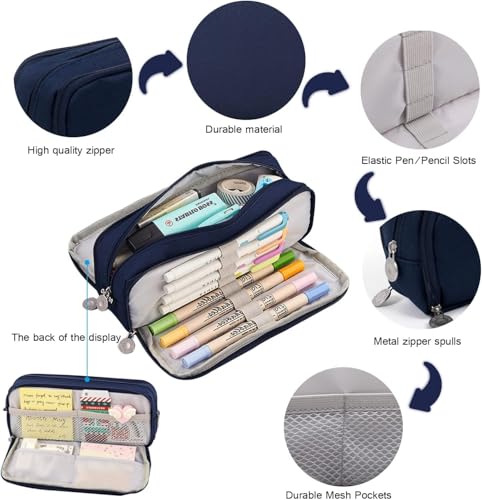 Image of MAMUNU Large Capacity Pencil Case, 3 Compartments Canvas Pencil Pouch with Zipper, Aesthetic Pencil Bag Pen Pouch for School Office Students Teen Girls Boys, Dark Blue