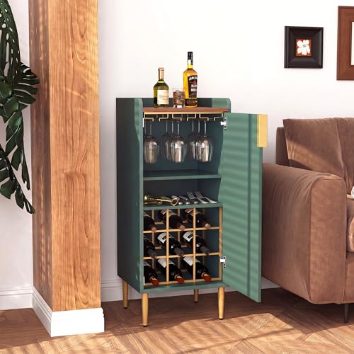 Image of ARTPOWER Mini Bar Cabinet for Apartment, Fluted Wine Bar Cart with Wine Racks & Wine Glass Holder, Modern Corner Liquor Cabinet for Living Room, Dining Room, Kitchen(Green)-2PCS