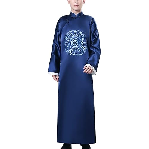 Men's Chinese Traditional Cheongsam Peony Flower Print Satin Long Robe Crosstalk Storytelling Performance Wear