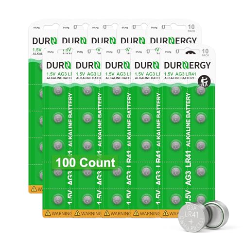 DURNERGY LR41 Batteries 100 Pack, 384 392 Watch Battery 1.5 Volt Alkaline Battery, AG3 Button Cell Battery