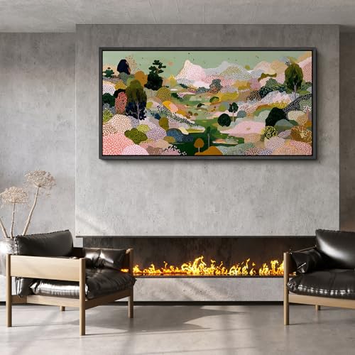 Image of MUDECOR Extra Large Framed Canvas Print Wall Art Colorful Abstract Landscape with Trees Contemporary Antique Retro Ready to Hang Painting for Living Room Bedroom Multi-Sizes - 60 inchx30 inch