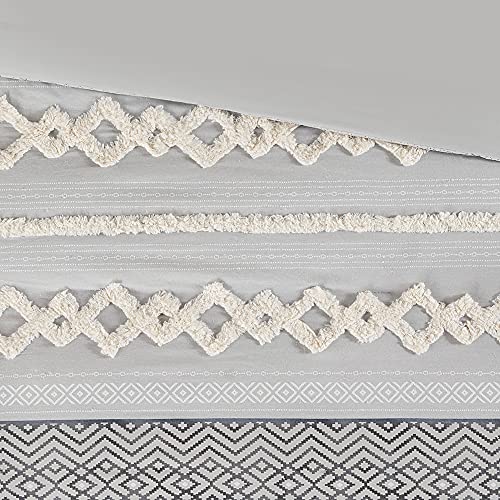 Image of Hyde Lane Boho Queen Comforter Set - 3-Piece Shabby Chic Bedding Sets, Farmhouse Bed Comforter with 2 Pillow Shams, All Season Cotton Top, Gray Tufted Pom Pom