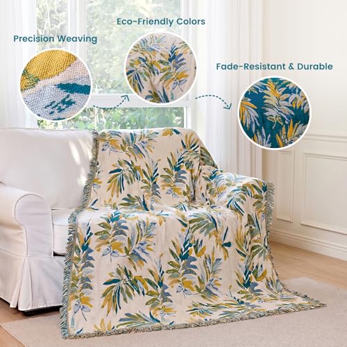 Image of MSGKV Boho Throw Blanket 60 inchx80 inch 100% Cotton Leaves Muslin Blanket for Bed