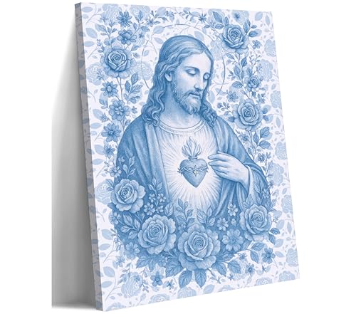 Blue Sacred Heart of Jesus Canvas Wall Art Divine Mercy Wall Decor Jesus Portrait Pictures Catholic Artwork Christian Religious Poster Prints for Bedroom Living Room Prayer Room Church 24x36in