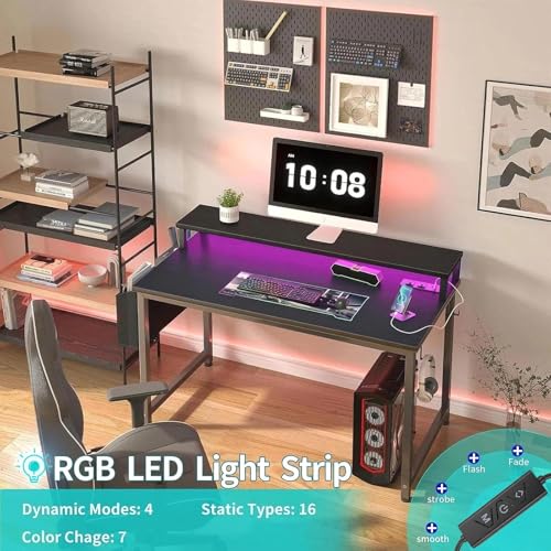 Image of Lufeiya Small Desk with Power Outlets and LED Lights, 32 Inch Teen Writing Study Table Home Office Computer Desks with Monitor Stand, Gaming Desk with Charging Station, Black