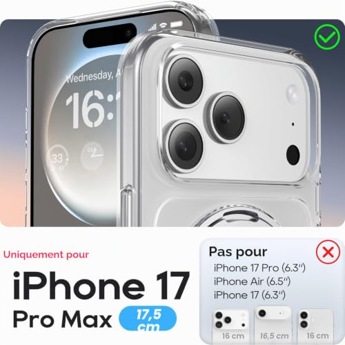 Coque iPhone 17 Pro Max Transparente Antichoc MagSafe Fine avec Anneau de Support Intégré - 2