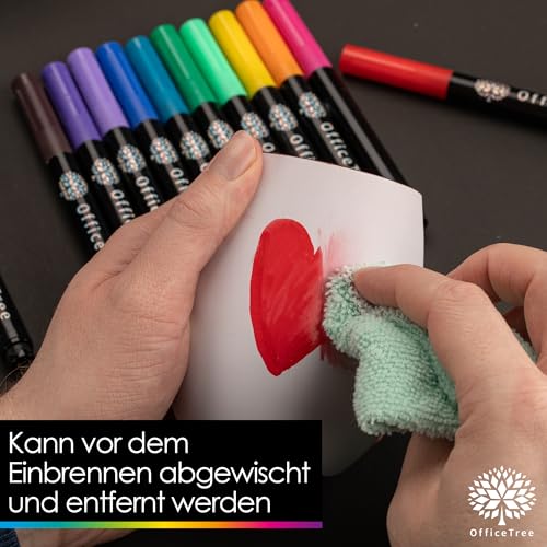OfficeTree 12 x Porzellanstifte Spülmaschinenfest - 12 Farben - Pinselspitze - Glas und Porzellanstifte auf Wasserbasis - Keramikstifte spülmaschinenfest für Porzellan, Keramik & Glas - Porcelain Pen