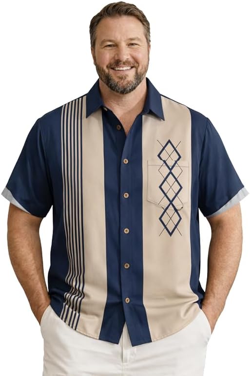 Men's Mid-Century Modern Bowling Shirt, Retro Geometric Stripes Short Sleeve Camp Shirt