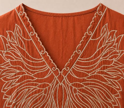 Image of RIEKA Women's Embroidered Top for Women, Maroon V Neck Rayon, 3 /4 Sleeve Casual Loose Fit Tunic, Boho Blouse for Women, Korean Style