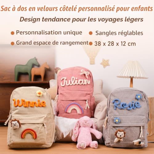 Tivhelrf Sac à dos personnalisé en velours côtelé, sac à dos décontracté pour enfants, sac à dos de voyage léger, sac d'école personnalisé avec nom, kaki, Large, Décontracté – vue 2