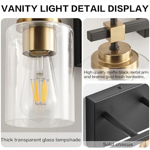 Image of SOLFART 3 Light Black and Gold Bathroom Light Fixture, Vintage Vanity Light with Clear Shades, Modern Over Mirror Wall Lighting for Bathroom Vanity
