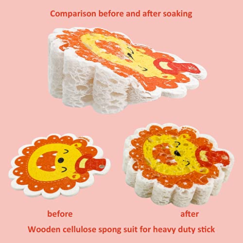 Image of 3pcs Compressed Wood Pulp Sponge Scrubber, Cute Cartoon Dual-Sided Reusable Dish Washing Cleaning Sponges Brush, with Lanyard, Individually Packaged, Household Cleaning Supplies