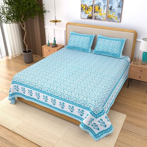 Image of India 100% Pure Cotton Jaipuri Printed Double Bedsheet with 2 Pillow Covers | Traditional Sanganeri Floral Design | Soft Breathable Fabric | King Size Bedsheet for Bedroom (Kaya31)
