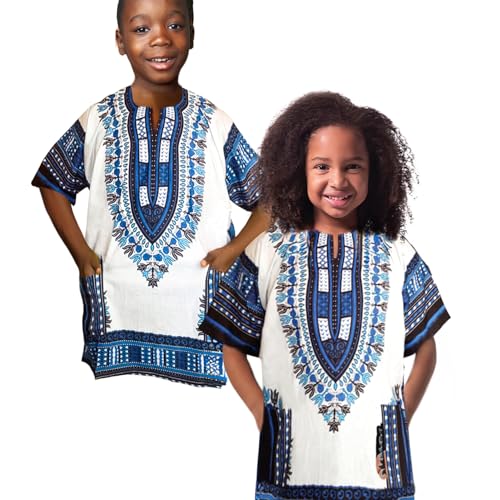 Adalex Global Dashiki African Kids Shirt Traditional Design, Authentic Clothes for Children Ethnic Patterns and African Print Boy Girl (UK, Age, 10 Years, 12 Years, Regular, White Blue)