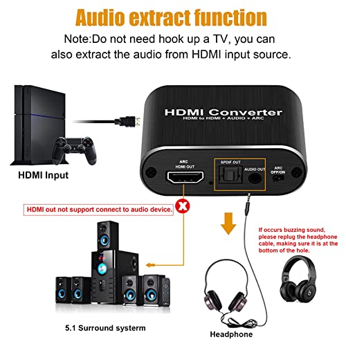 4K@60Hz HDMI Audio Extractor with 1.2m HDMI Cable avedio links, Optical Toslink SPDIF + 3.5mm AUX Stereo Audio Out, HDMI Audio Converter Adapter Splitter Support ARC HDCP1.4 FullHD 1080P 3D