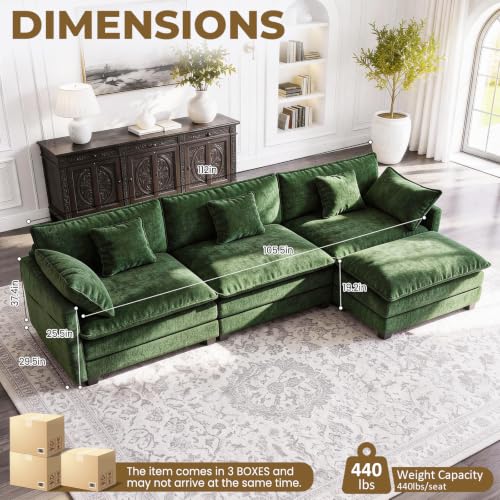 Image of 112 inch L-Shape Modular Sofa with 1 Ottomans, Deep Seat Cloud Convertible Sleeper, 3 Throw 2 Arm Pillows, Comfortable Upholstered Furniture for Living Room Apartment, Green