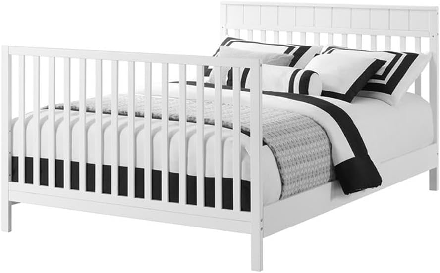 Pemberly Row 4-in-1 Convertible Crib, Solid Wood, Snow White Finish, 39.5"H x 29.63"W x 54.75"D, Shiplap Headboard, Toddler Bed/Daybed/Full-Size Bed Conversion, Greenguard Gold Certified Baby Nursery