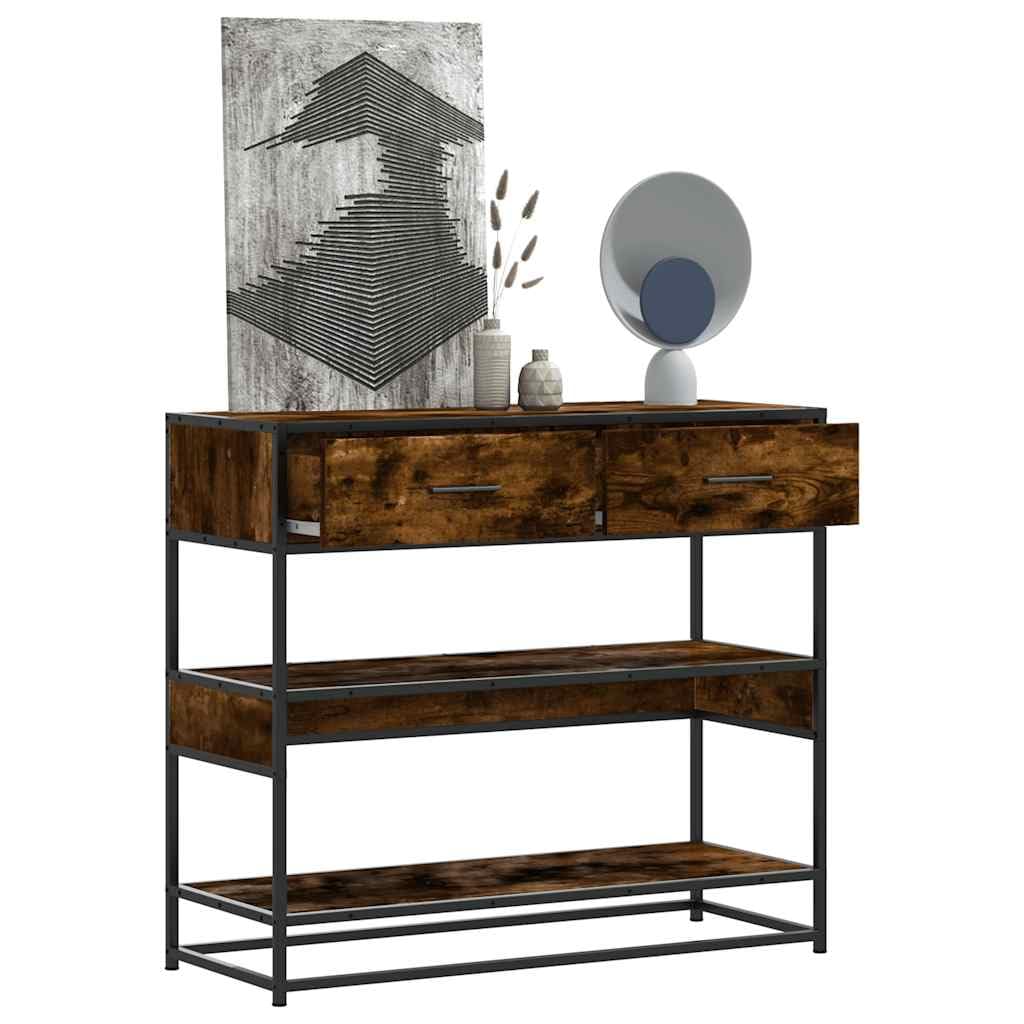 SXZenSpace Console Table 90x35x80 cm Smoked Oak Engineered Wood Metal Frame Drawer Shelf Industrial Hallway Living Room