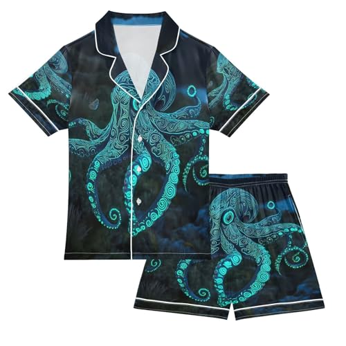 ALAZA Green Octopus Ocean Sea Satin Pajamas Set Short Sleeve Button Down Sleepwear Summer Pjs 2 Piece